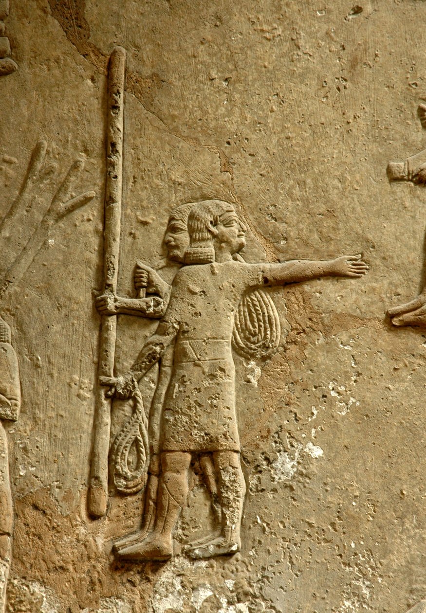 Relieff som viser en byggeplass, Ashurbanipals-palasset, Nineveh, ca. 645 f.Kr. av Assyrian