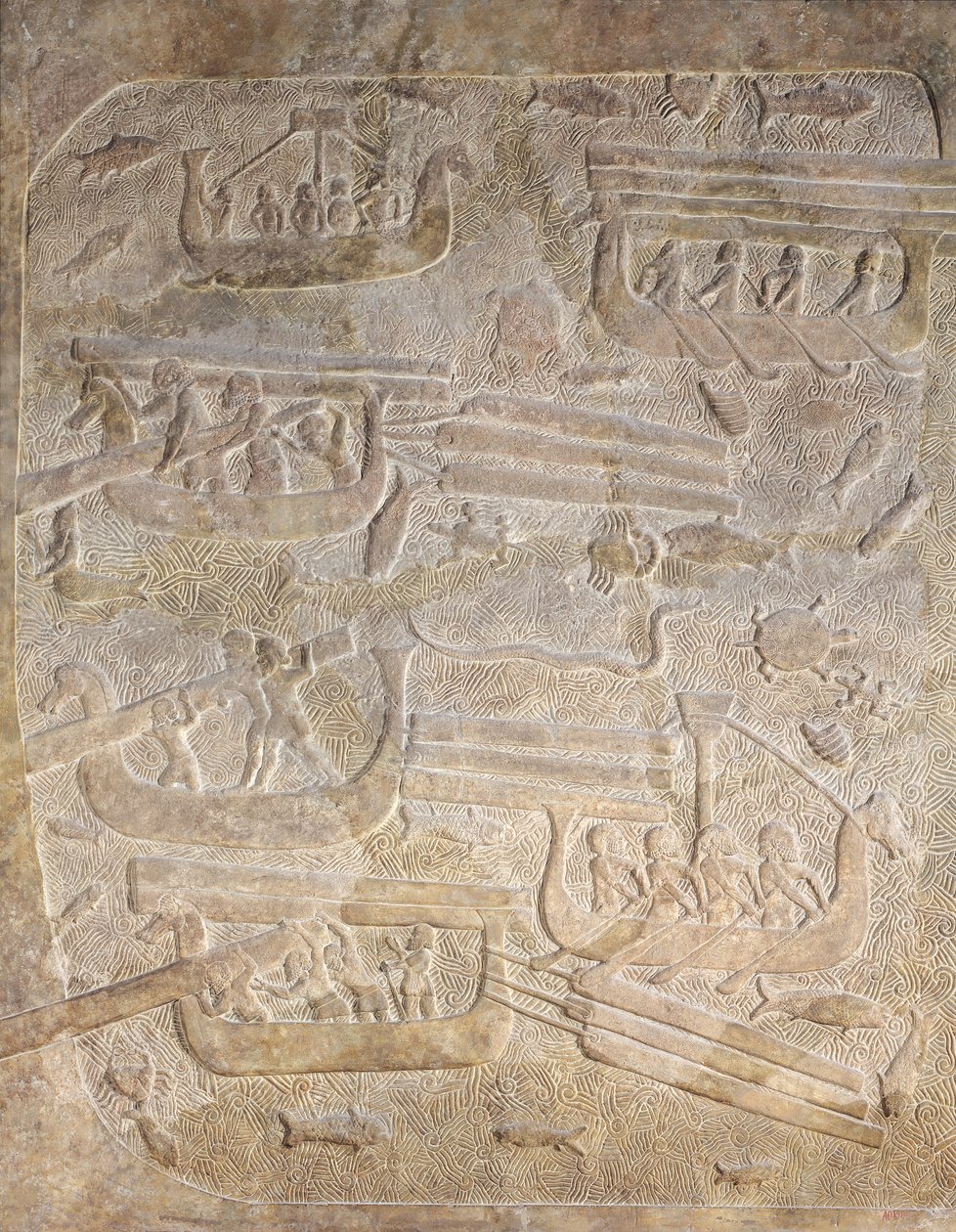 Relieff som viser lossing av ved etter transport til sjøs, fra Palace of Sargon II, Khorsabad, Irak av Assyrian