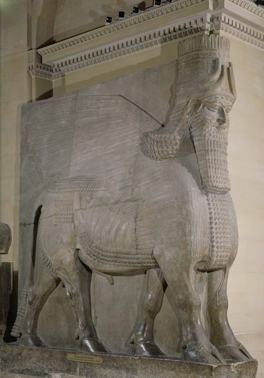 Bevinget okse fra fasaden til palasset til kong Sargon II i Khorsabad, Irak (gips) av Assyrian