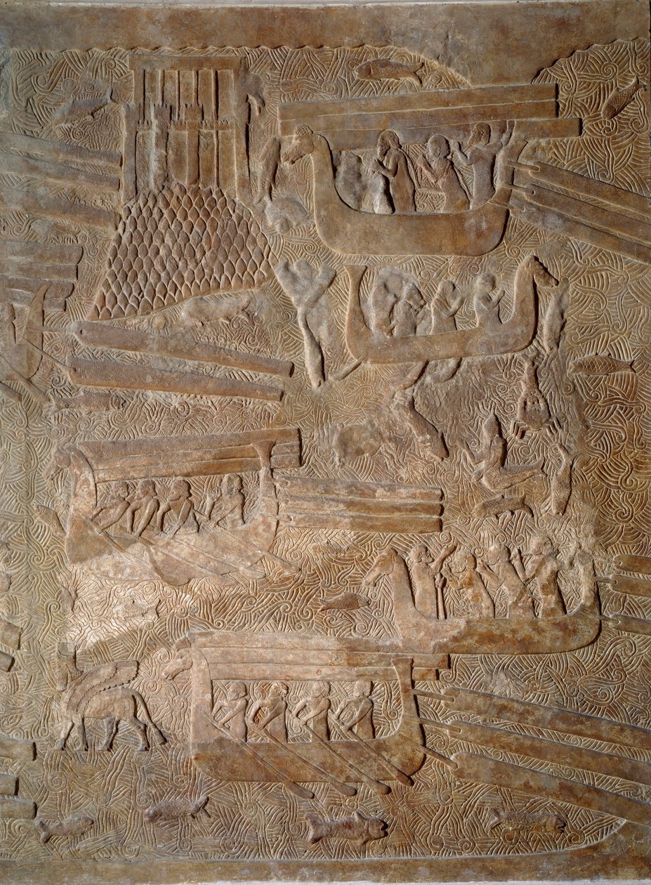 Art Mesopotamia (Assyria): gårdsplassen til palasset til kongen av Assyria Sargon II (721 - 705 f.Kr.) transport av sedertre fra Libanon. Paris, Musée du Louvre av Assyrian