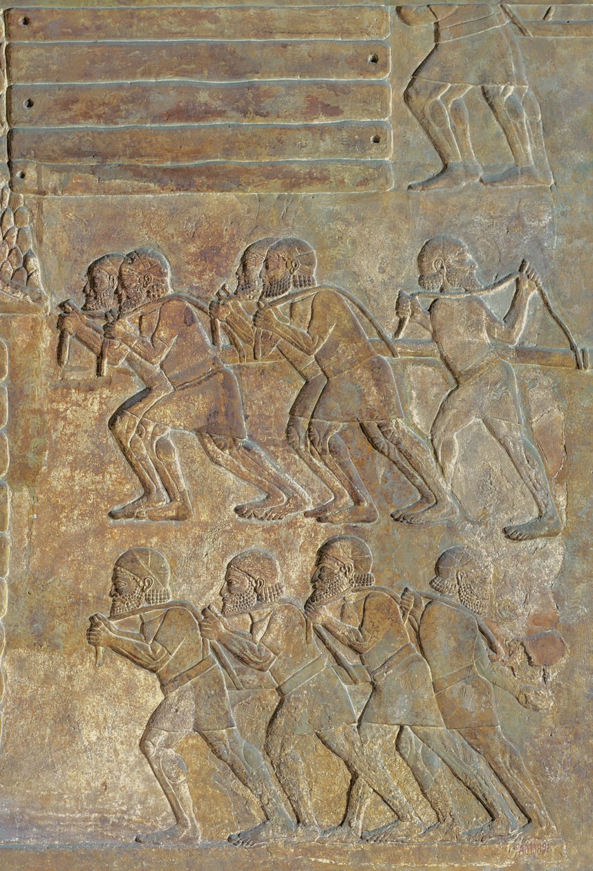 Detalj av et relieff som viser opplagring av tre ved kysten før transport til sjøs, fra Palace of Sargon II, Khorsabad, Irak av Assyrian