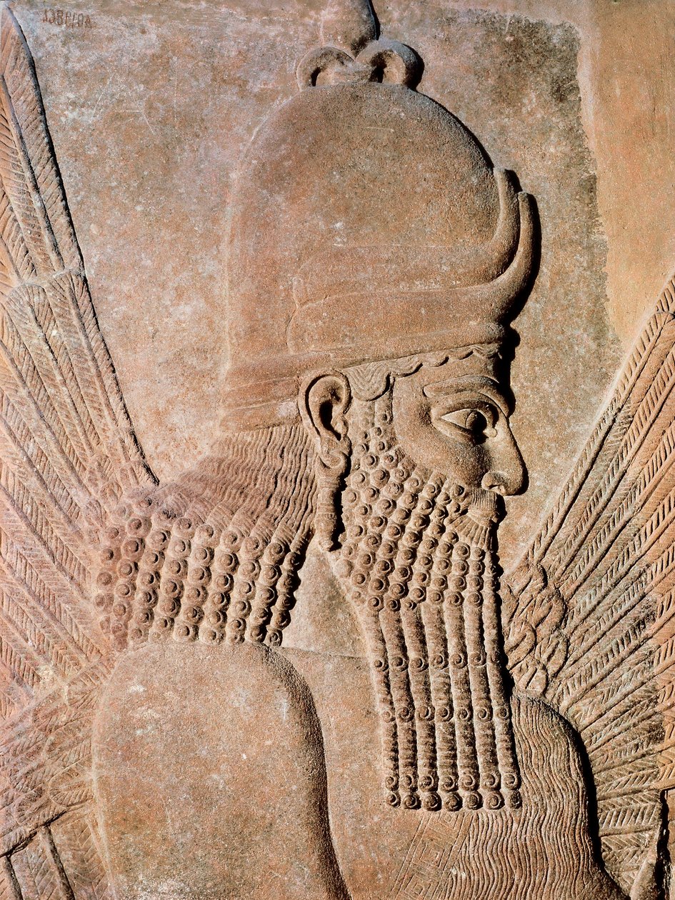 Detalj av et alabastrelieff som representerer en beskyttende vingeånd, fra Palace of Sargon II (Dur Sharrukin), kongen av Assyria i Khorsabad, Irak. 722–705 f.Kr. (alabastrelieff) av Assyrian