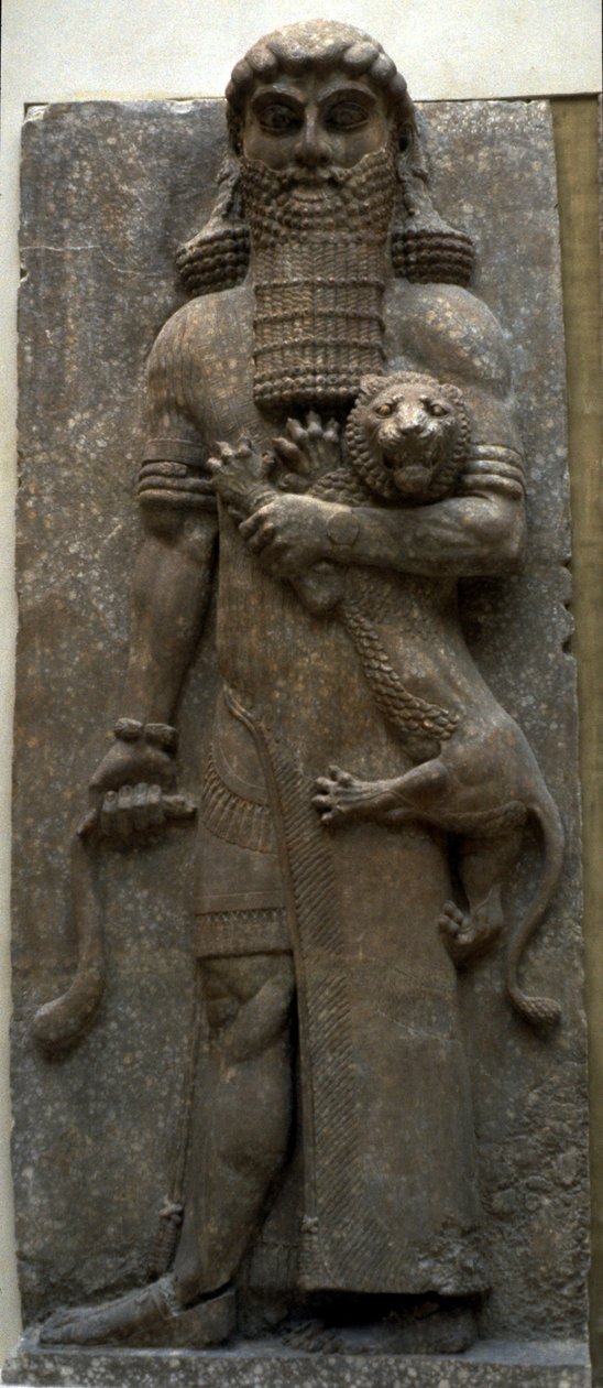 Helten Gilgamesh mestrer en løve, 722-705 f.Kr av Assyrian