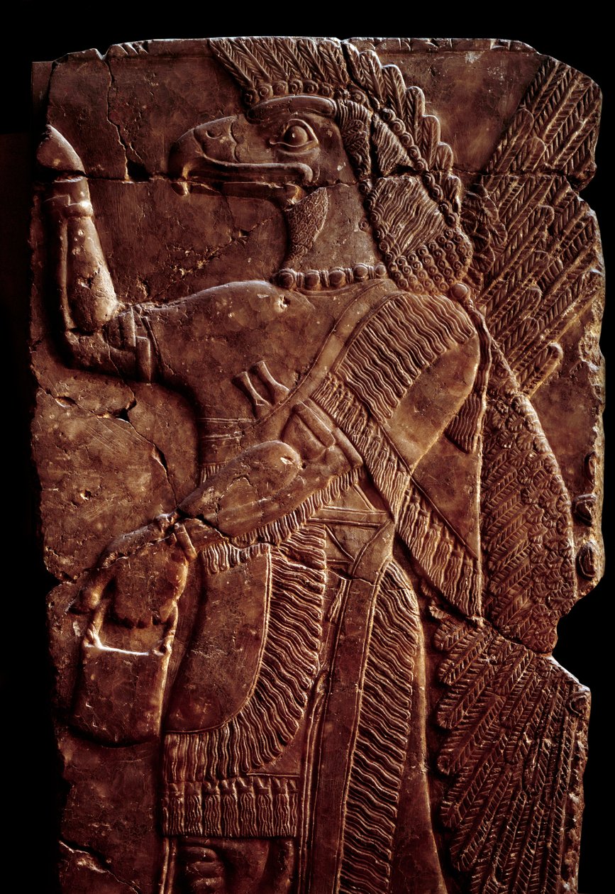 Orientalske antikviteter: detalj av et albasterrelieff som representerer en Genie-beskyttende vinge med en mannskropp og ørnehode, fra Palace of Sargon II eller Sharroukin, kongen av Assyria til Dur-Sharrukin (dagens Khorsabad (Khunsabad) (Mesopotamia), Ir av Assyrian