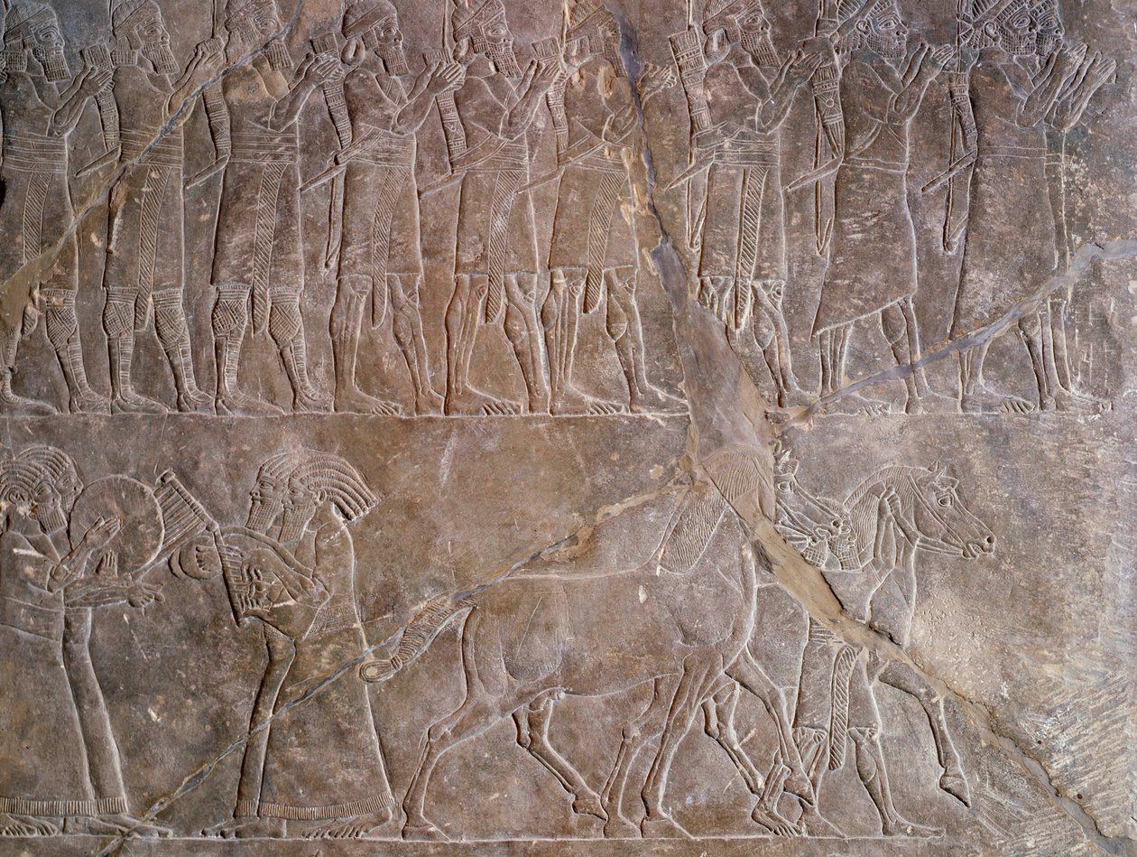 Orientalsk antikk: detalj av et bas-relieff i kalkstein: musikerne til rustningen til Assurbanipal eller Ashurbanipal, kongen av Assyria (Mesopotamia) (669 f.Kr.-627 f.Kr.). 640 f.Kr. Fra Nineve. Paris, Louvre-museet av Assyrian