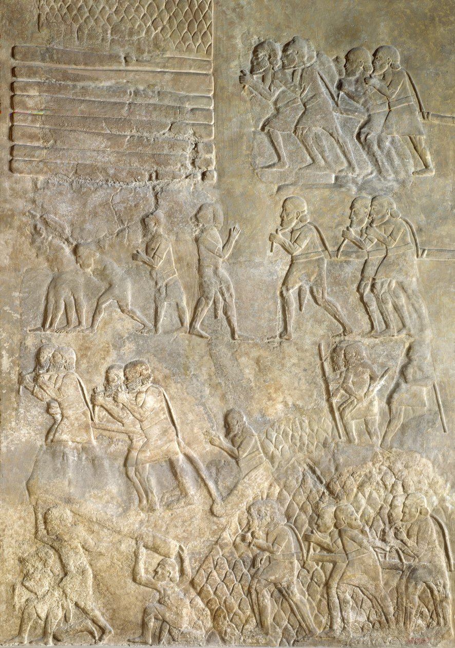 Relieff som viser bærere som bringer ved til kysten for transport til sjøs. fra Palace of Sargon II, Khorsabad, Irak av Assyrian