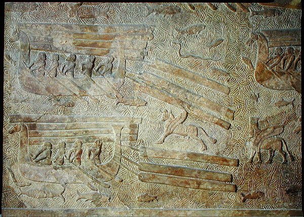 Relieff som viser skip som transporterer ved, fra Palace of Sargon II, Khorsabad, Irak av Assyrian