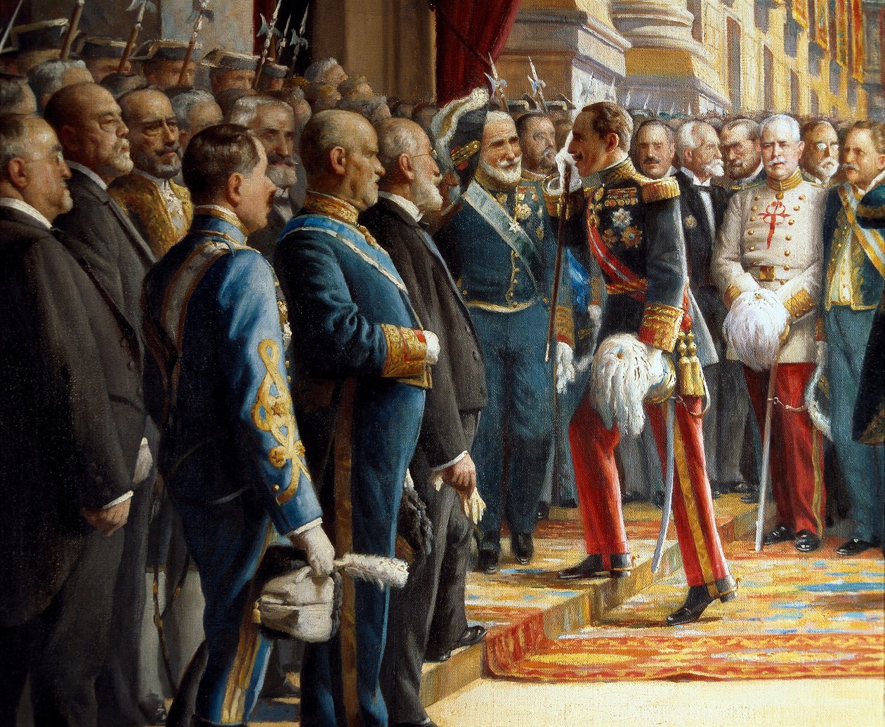Åpningen av Cortes i senatet, detalj Alfonso XIII av Spania (1886-1941) hilser Antonio Maura y Montaner (1853-1925) når han går inn i senatet, 24. juni 1920 av Asterio Mañanós Martínez