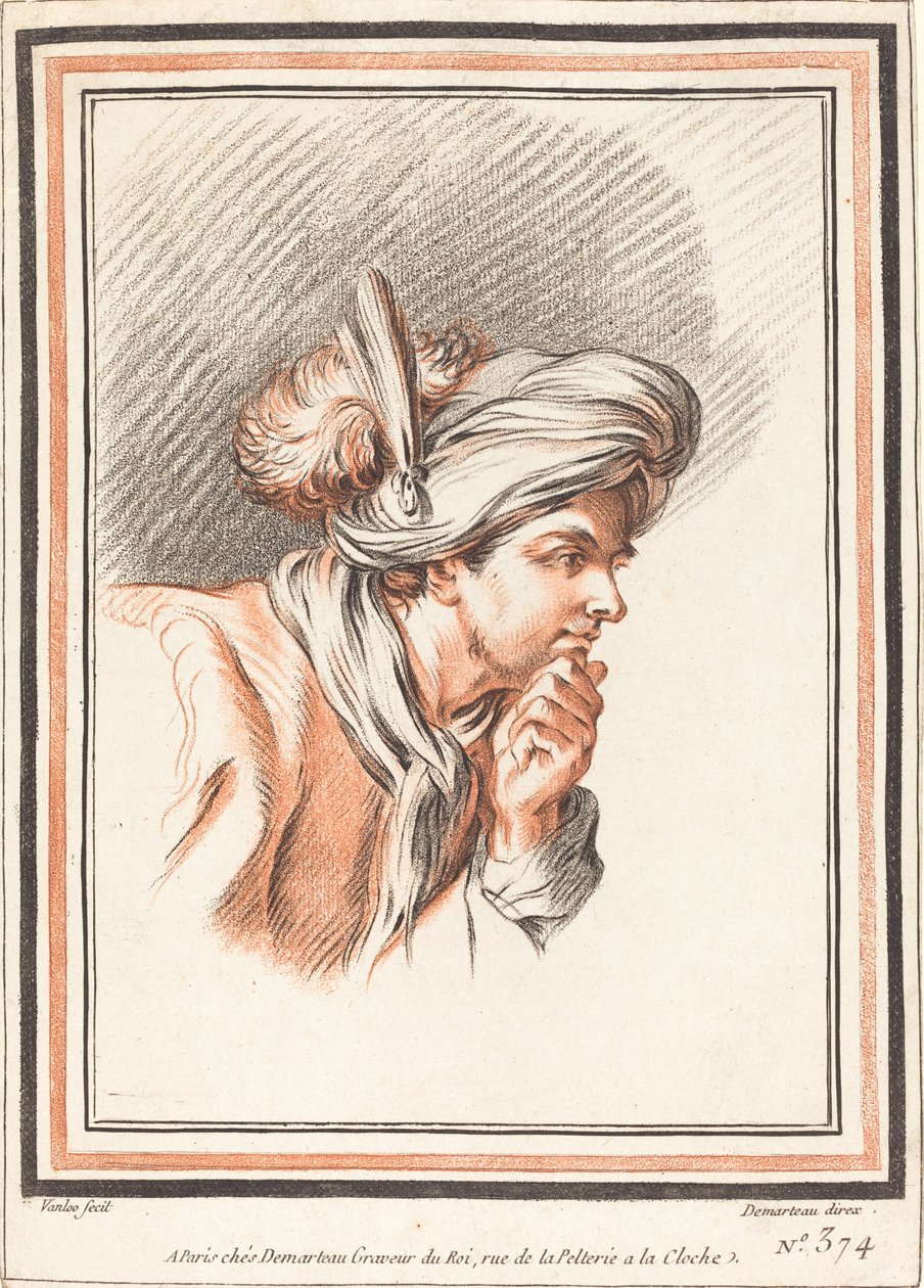 Hodet til en mann som bærer en plymet turban av Atelier of Gilles Demarteau the Elder after Carle Van Loo