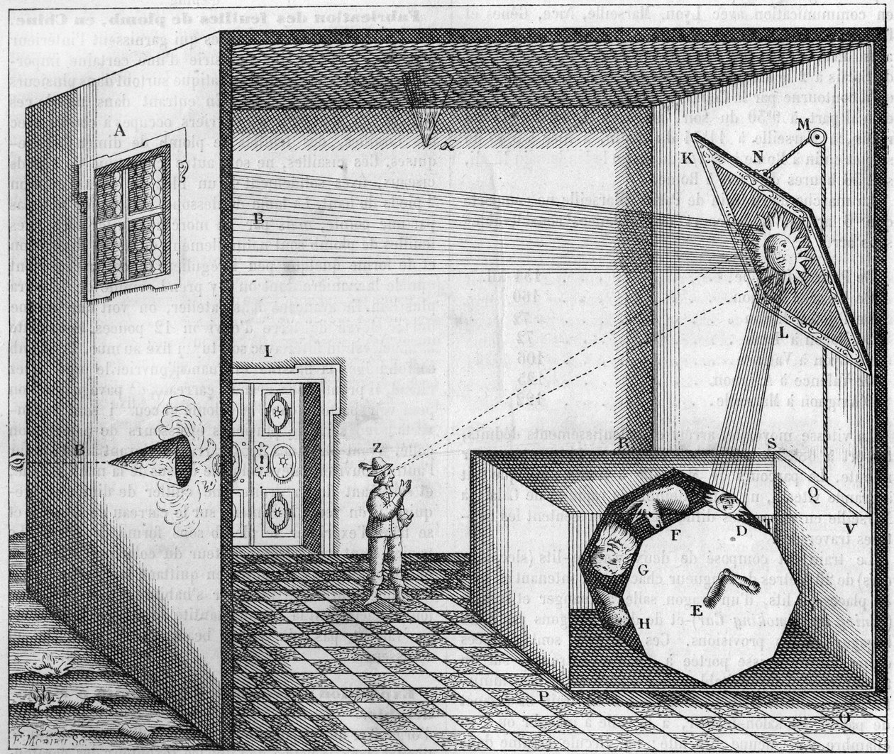 Fader Kirchers katoptriske maskin - Maskin som en mann som ser på et flyspeil ser ansiktet til et esel, en okse eller et hvilket som helst annet dyr - I "Ars Magna Lucis Et Umbrae"" av Athanasius Kircher av Athanasius Kircher