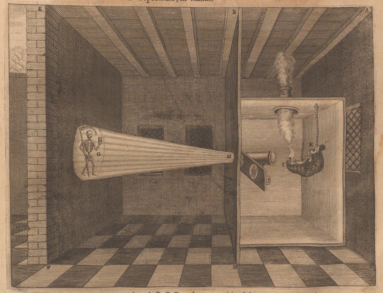 Magisk lykt som viser døden fra Ars Magna Lucis, 1671. av Athanasius Kircher