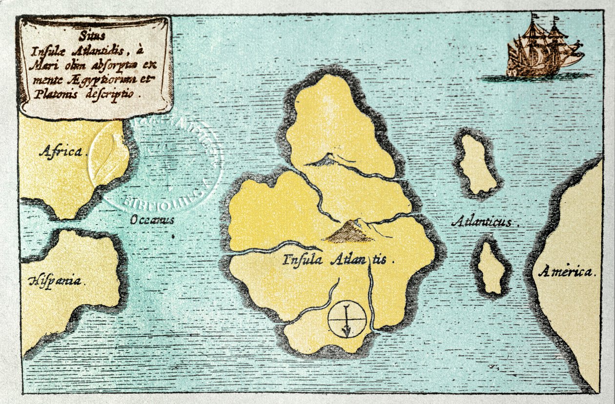 Kart over den legendariske øya Atlantis - fra Mundus Subterraneus av Athanase Kircher (eller Athanasius Kircheri) av Athanasius Kircher