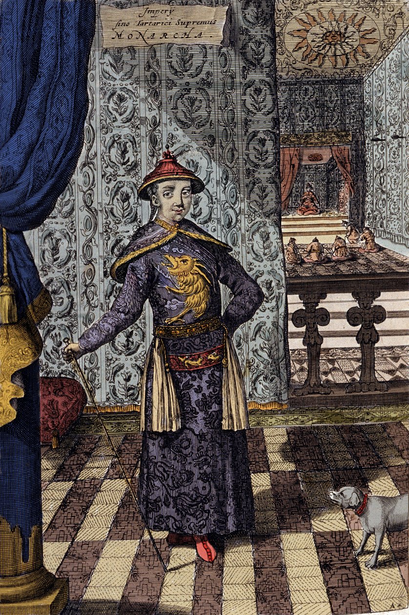 Den kinesiske keiseren og øverste hersker over tartarene - Kinesisk keiser Kangxi (1652-1722) Qing-dynastiet, gravering av Athanasius Kircher (1601-1680) fra "" China Monumentis, qua sacris qua profanis""" 1667 - Kinesisk keiser (1 av Athanasius Kircher