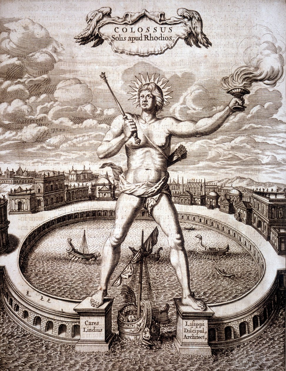 Kolossen av Rhodos (statue av Helios) ved inngangen til havnen. - i "Turris Babel"" av Athanasius Kircher (1601-1680), tysk orientalist og lærd av Athanasius Kircher