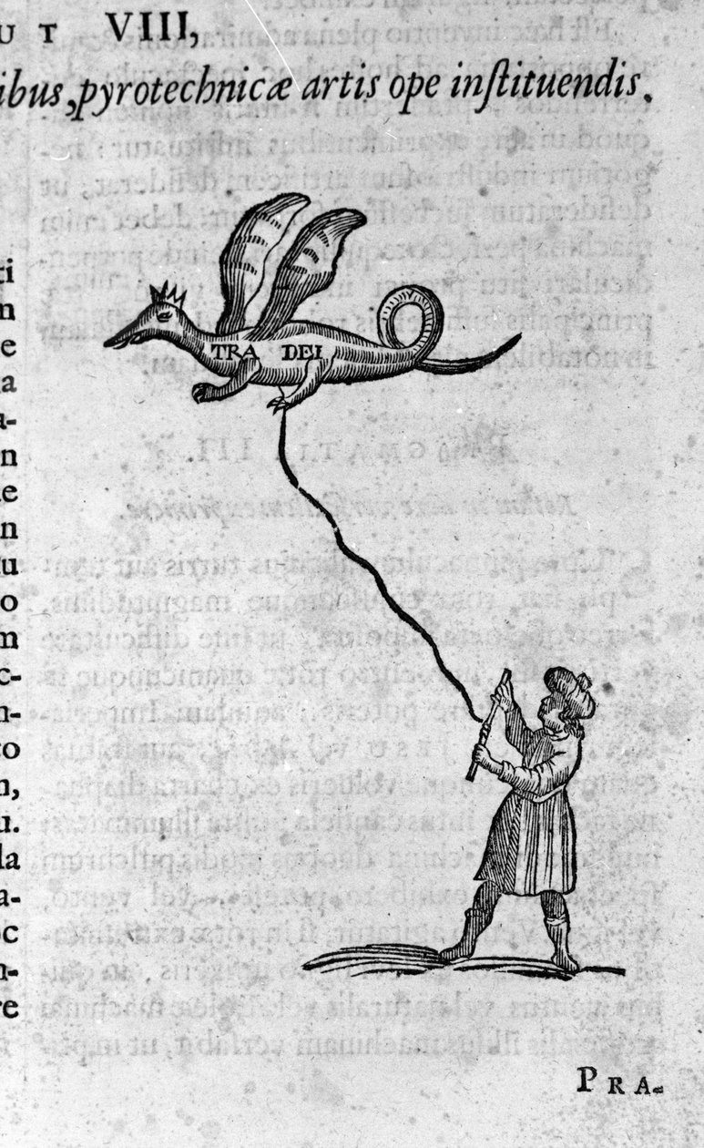 Den greske filosofen Archytas av Taranto (435-347 f.Kr.) filosof Pythagorician, matematiker, astronom og hans tredue som er i stand til å fly. Gravering fra "Mundus Subterraneus" av Athanasius Kircher (1601-1680) 1682 av Athanasius Kircher