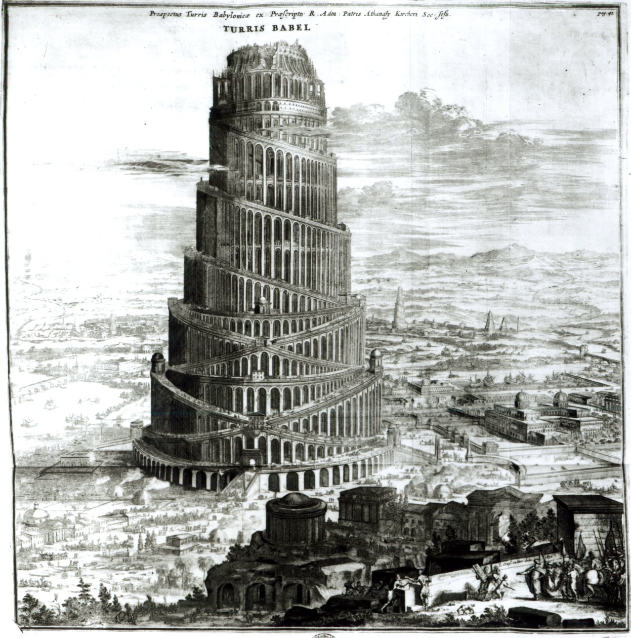 Babelstårnet, 1679 (gravering) (bw-bilde) av Athanasius Kircher