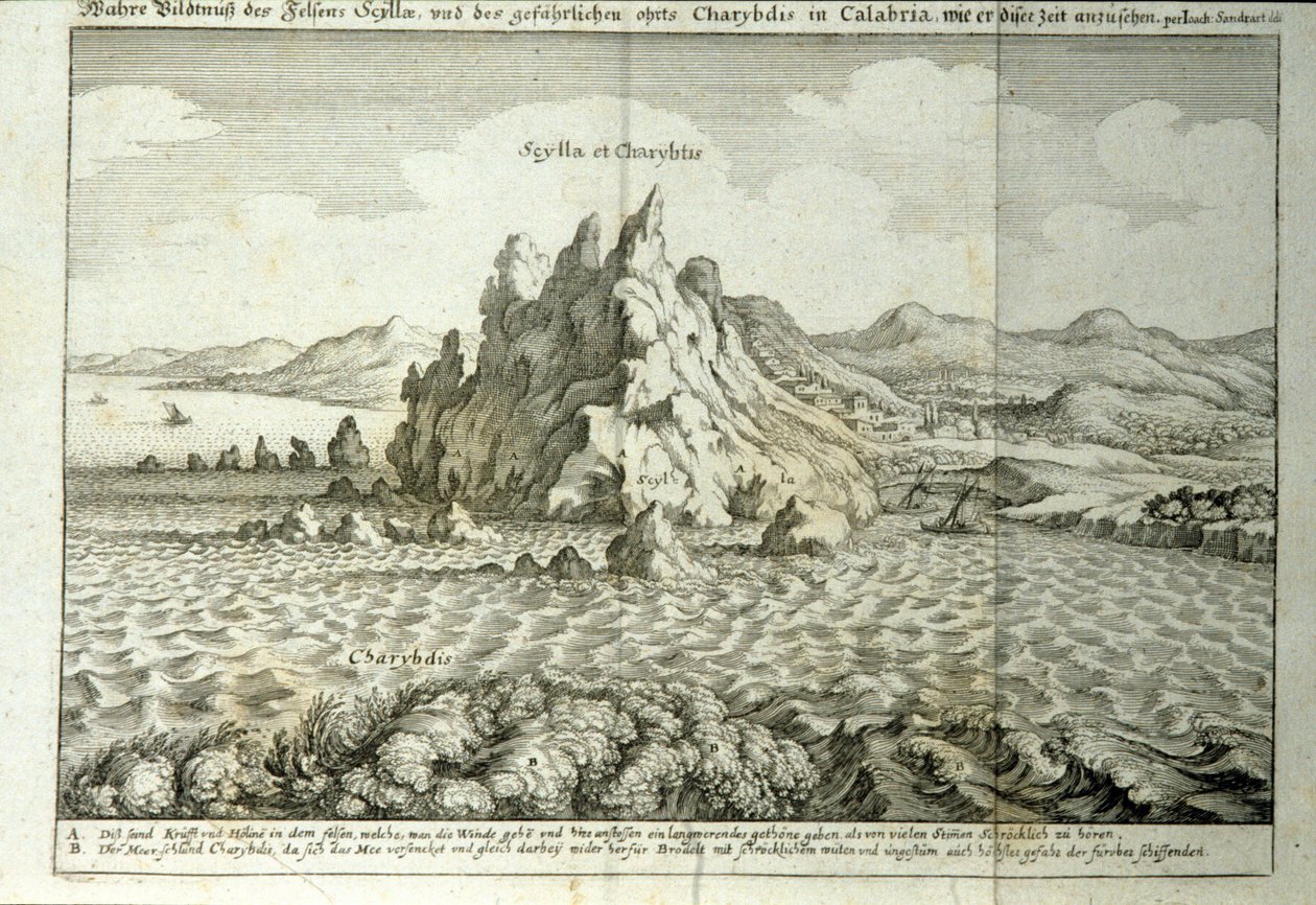 Utsikt over bergartene "" Charybde"" og "" Scylla"" i Detroit of Messina, Sicilia""" Gravering fra "" Mundus Subterraneus"" av Athanasius Kircher (1601-1680), jesuite, orientalist o av Athanasius Kircher