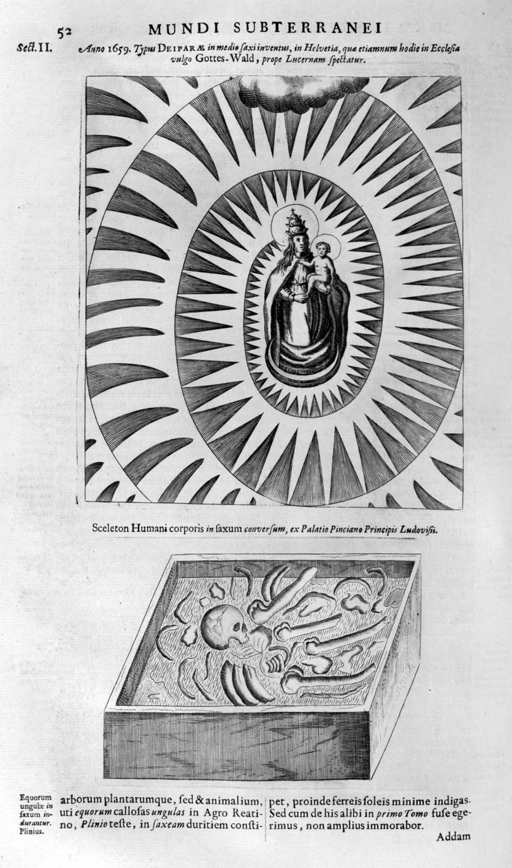 Jomfru og barn og et menneskeskjelett, 1678 av Athanasius Kircher