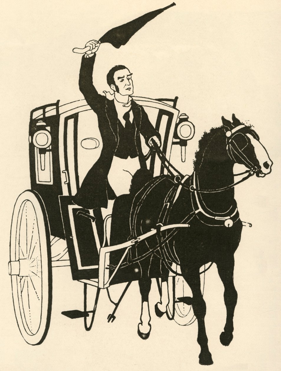 "Ta tak i tømmene i én hånd og røre opp hesten med paraplyen sin", 1928. av Athelstan Rusden