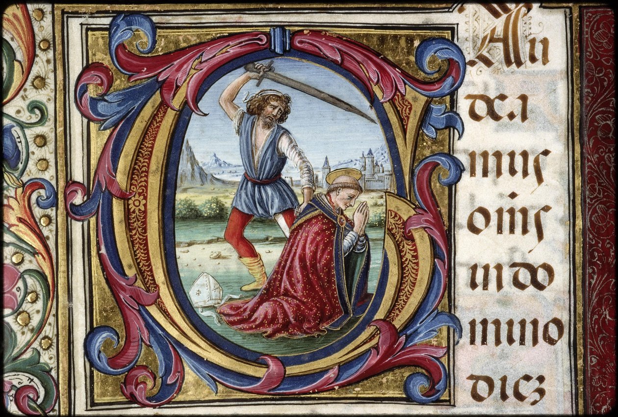 Thomas James Missal: detalj av bokstaven G: martyrdøden til den hellige ...