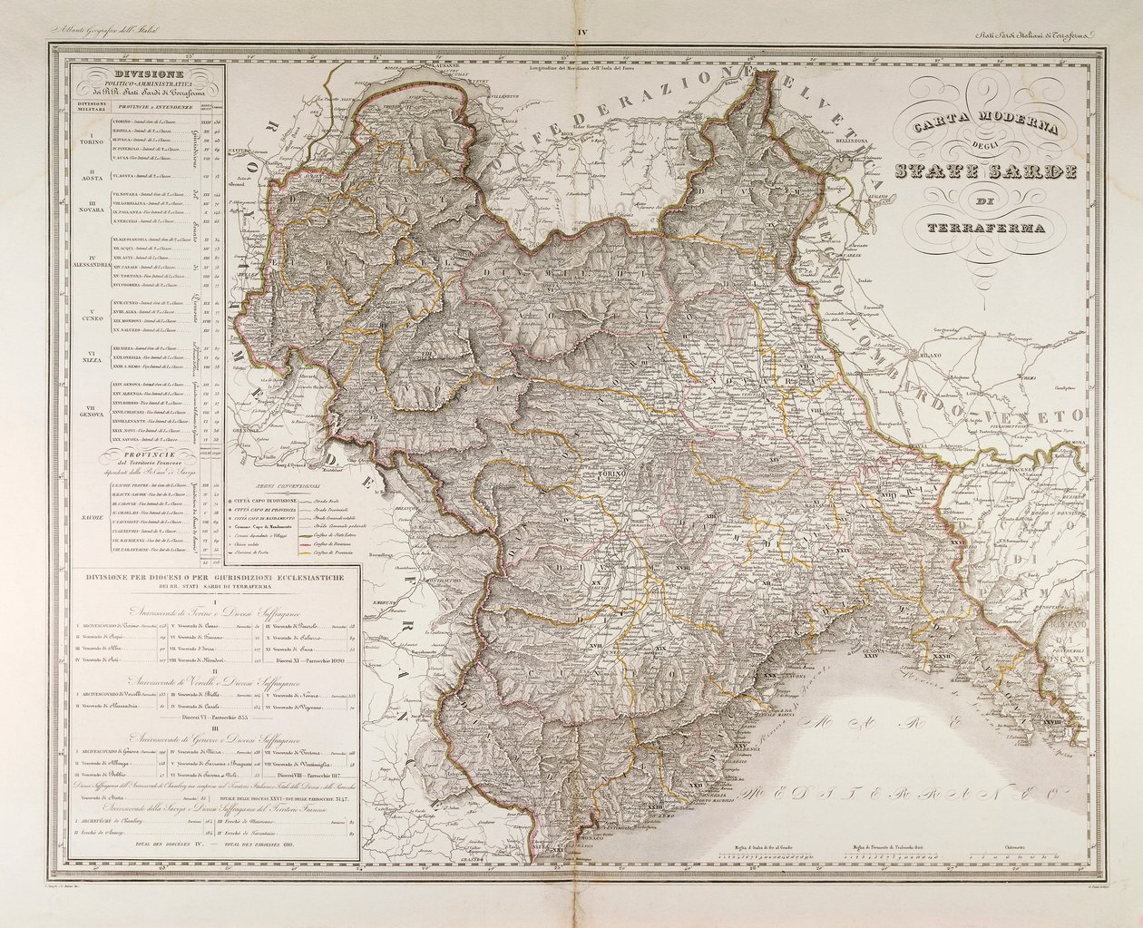 Sardinske stater på fastlandet. Kart av Attilio Zuccagni-Orlandini, hentet fra Geographic Atlas of Italian States, Firenze, gravering på kobber av Attilio Zuccagni Orlandini
