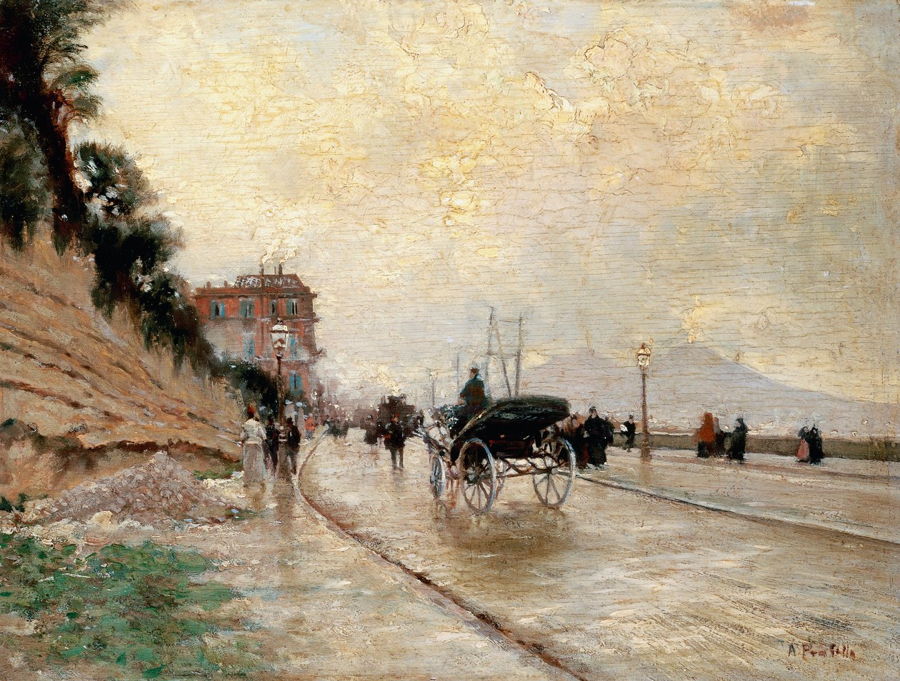 Vogn på promenaden i Napoli (olje på panel) av Attillo Pratella
