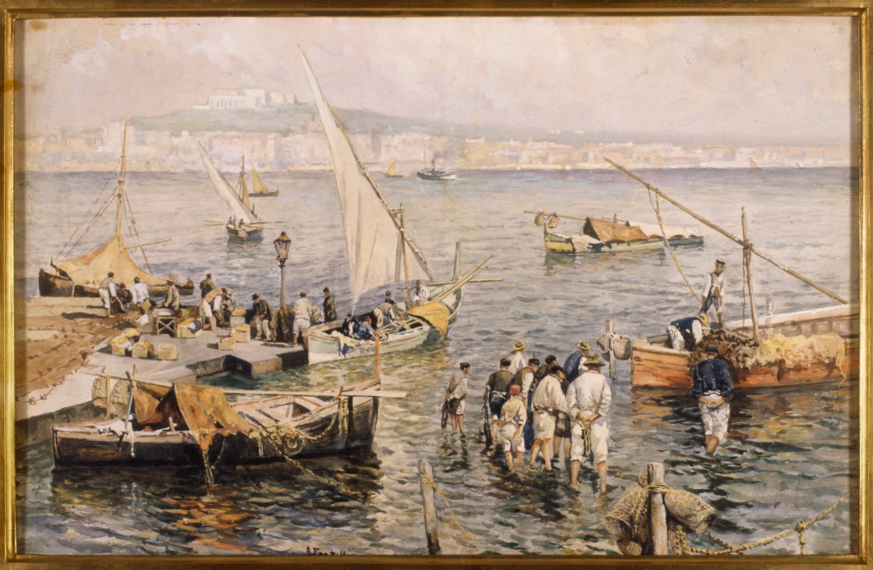 Marina med fiskere (akvarell) av Attillo Pratella