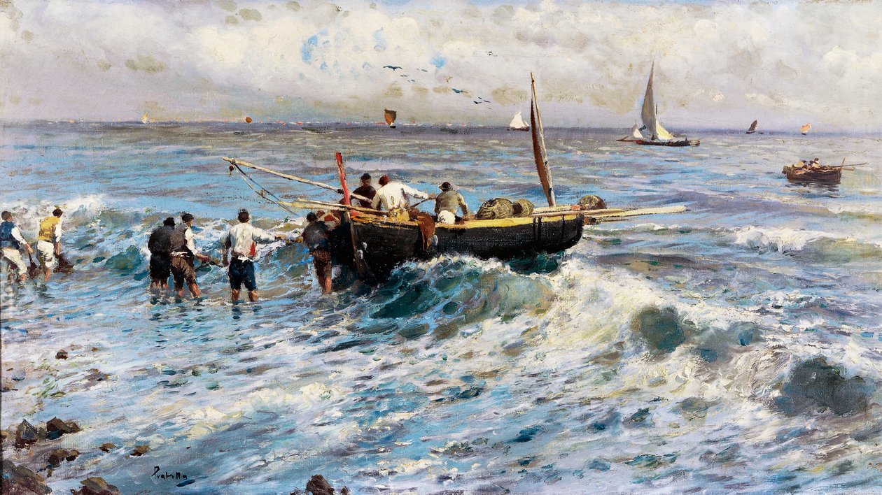 Sjølandskap med fiskere (maleri) av Attillo Pratella