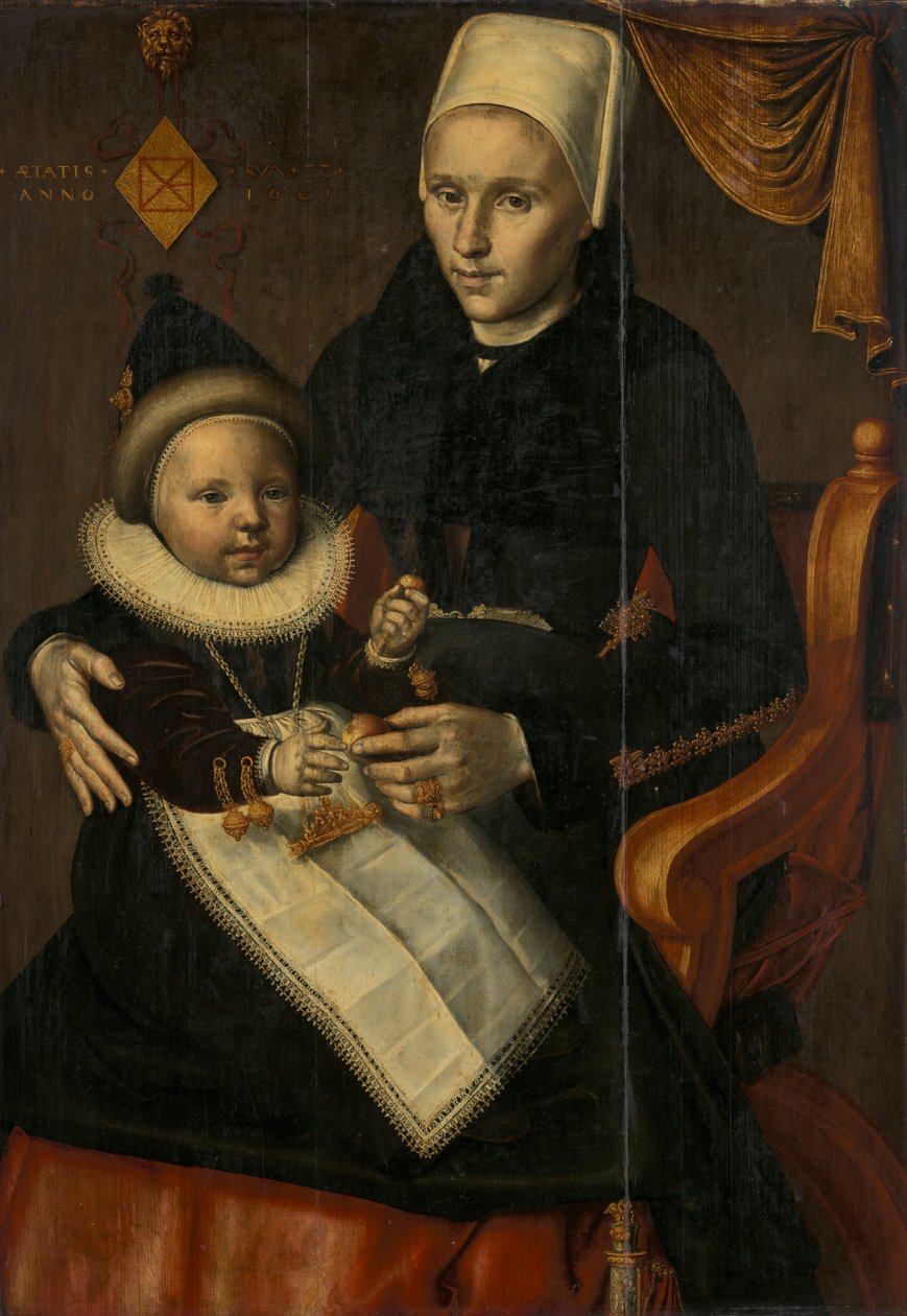 Mor og barn i Nord -Holland -drakt. olje på panel medium QS av Attributed to Jan Claesz.