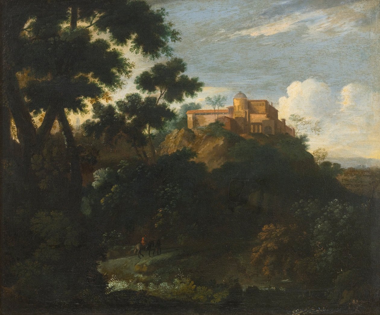 Skogsbevokst fjelllandskap med reisende på et spor, en villa utenfor av Jean Francois Millet
