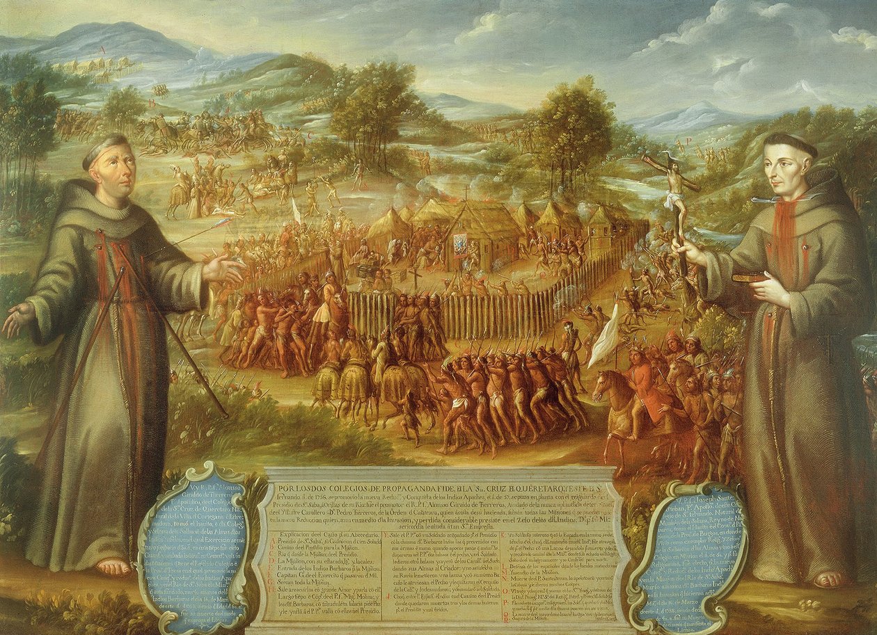 Ødeleggelsen av Saint Sabá -misjonen i provinsen Texas og prestemyrdyret, ... av Jose de or Joseph Paez