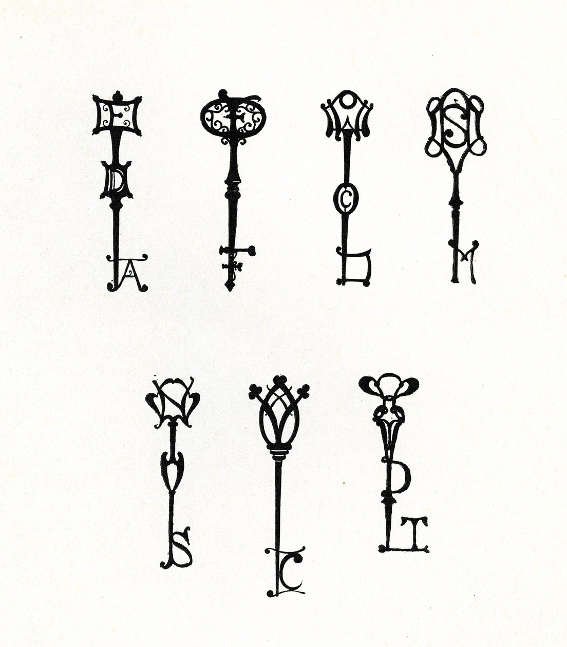 Syv design av Initial Keys for baksiden av 