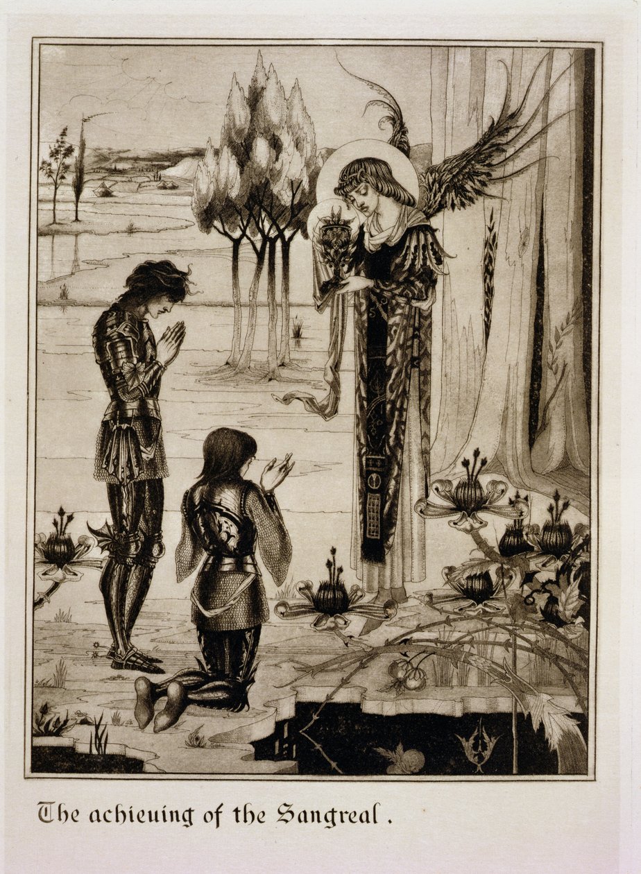 Oppnåelsen av Sangreal, fra 'Le Morte d'Arthur' av Sir Thomas Malory (d.1471) utgitt 1893-94 (svart blekk og grafitt) av Aubrey Beardsley
