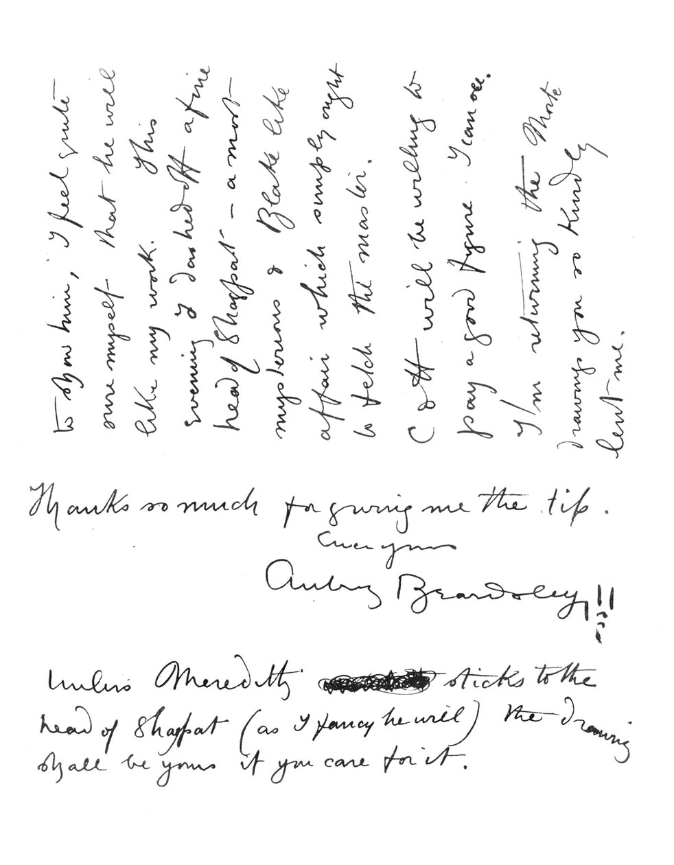 2. side med autografbrev til Frederick Evans, ca. 1893 av Aubrey Beardsley