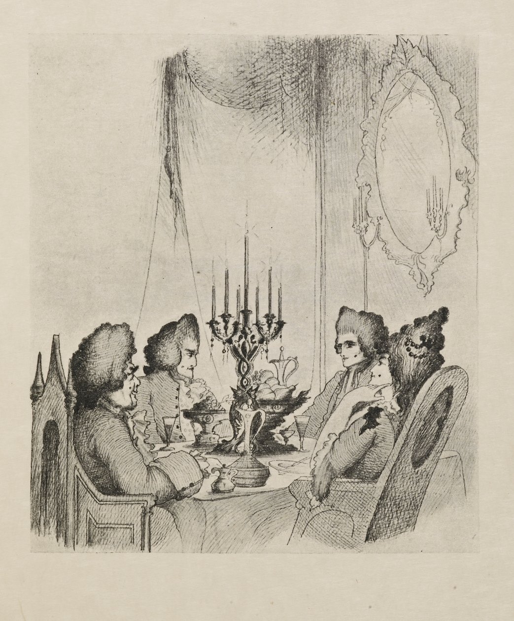 En scene fra "Madame Lescaut" fra en bok med femti tegninger av Aubrey Beardsley