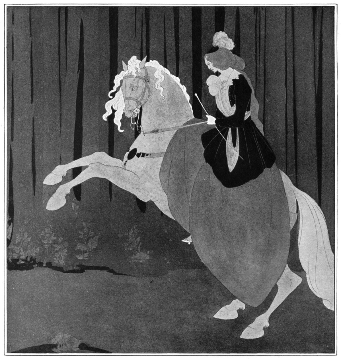 En kvinne som sitter på en oppveksthest, 1898. av Aubrey Beardsley