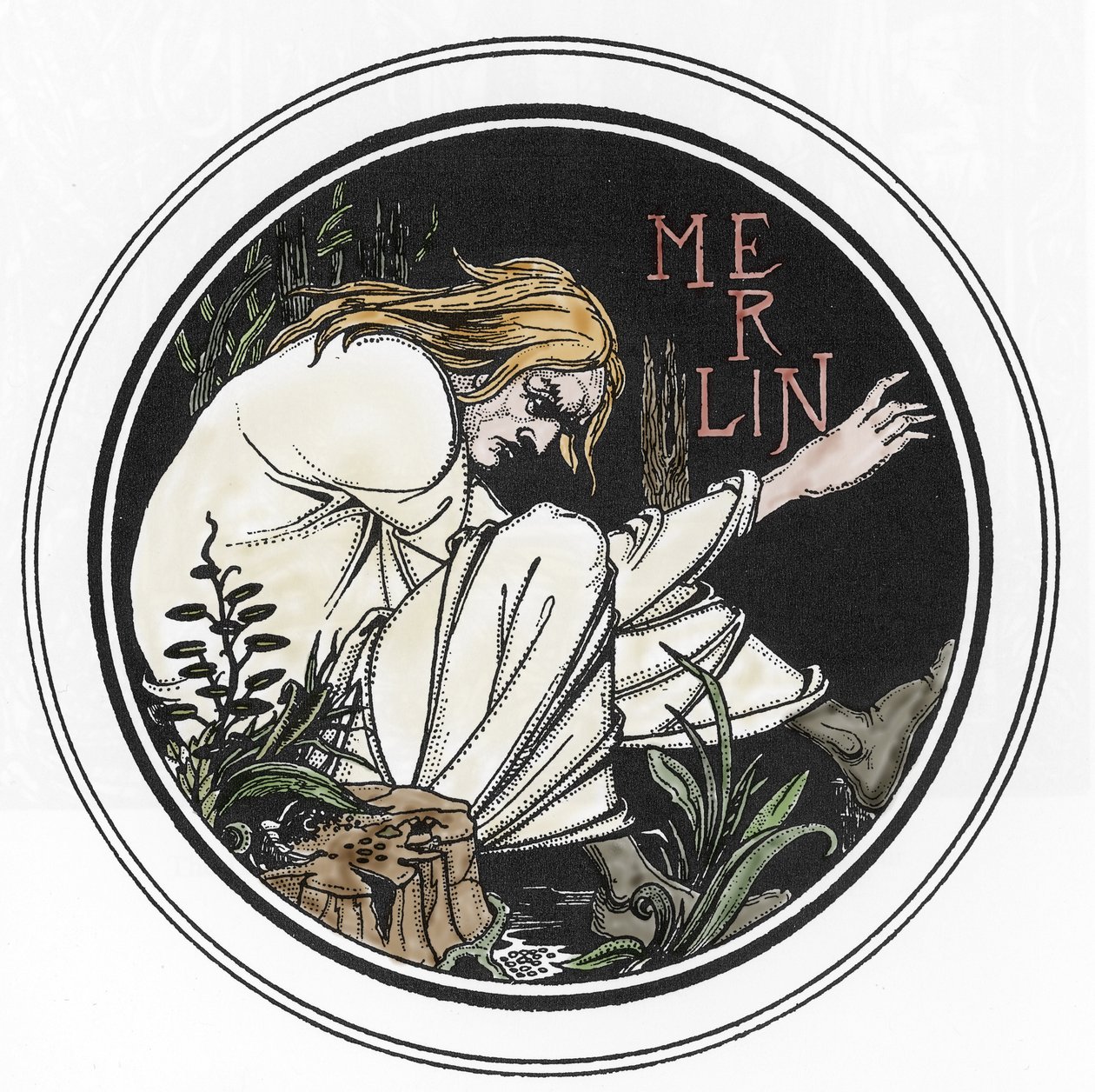 Arthurian Legend: "Merlin the Enchanter"" Gravering i "The Morte of Arthur" av Sir Thomas Malory, utgave illustrert av Aubrey Beardsley (1872-1898) 1893-1894 (Arthurian legend: Merlin the Wizard, illustrasjon av Aubrey Beardssley i 