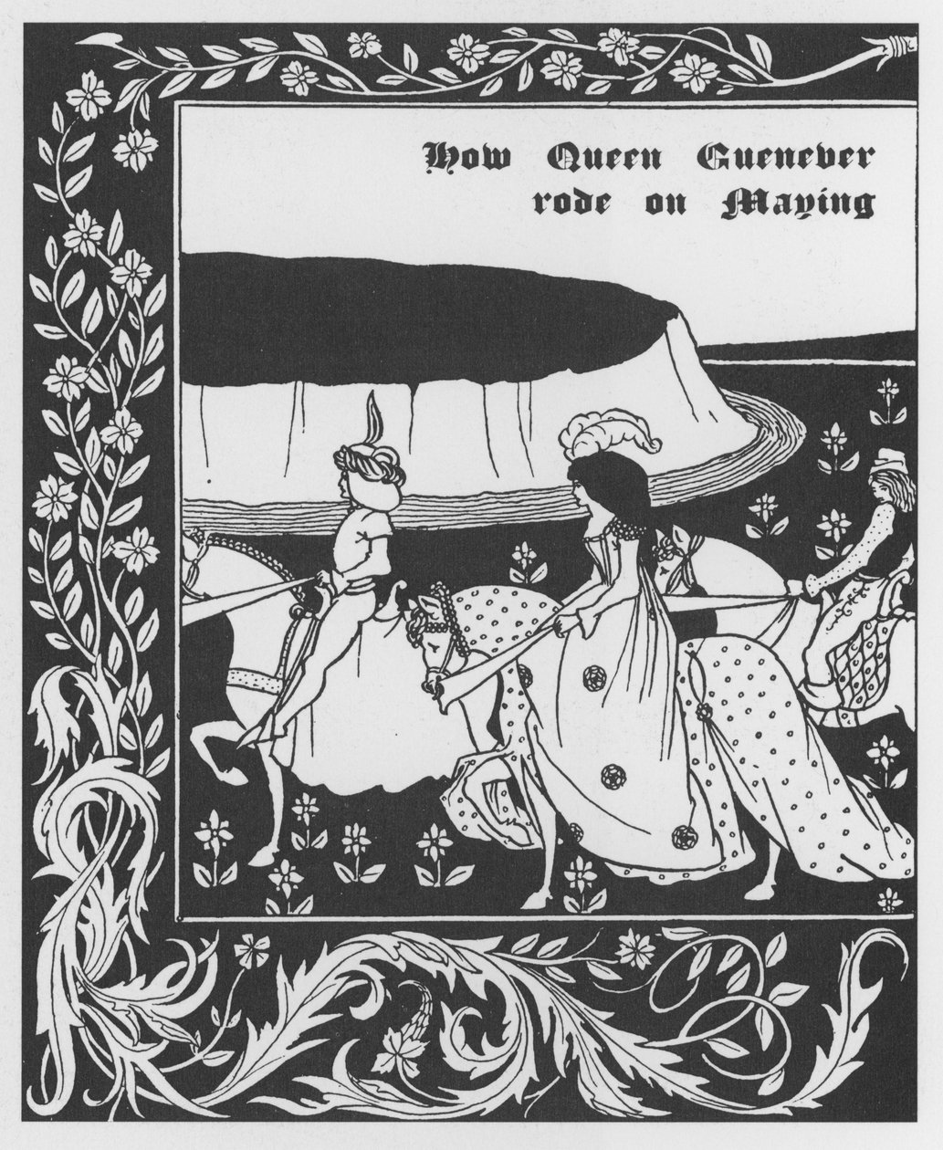 Arthurian Legend: "" Queen Guenievre Queen of May"" Gravering i "" The Morte of Arthur"" av Sir Thomas Malory, utgave illustrert av Aubrey Beardsley (1872-1898) 1893-1894 (Arthurisk legende: dronning Guenever (Guinevere) maying , illustrasjon av Aubrey Bea av Aubrey Beardsley