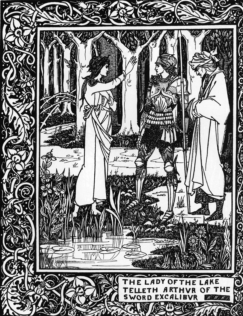 Arthurian Legend: "The Lady of the Lake (Vivian-avgift) lærer Arthur eksistensen av Excalibur-epee"" Gravering i "Le Morte d