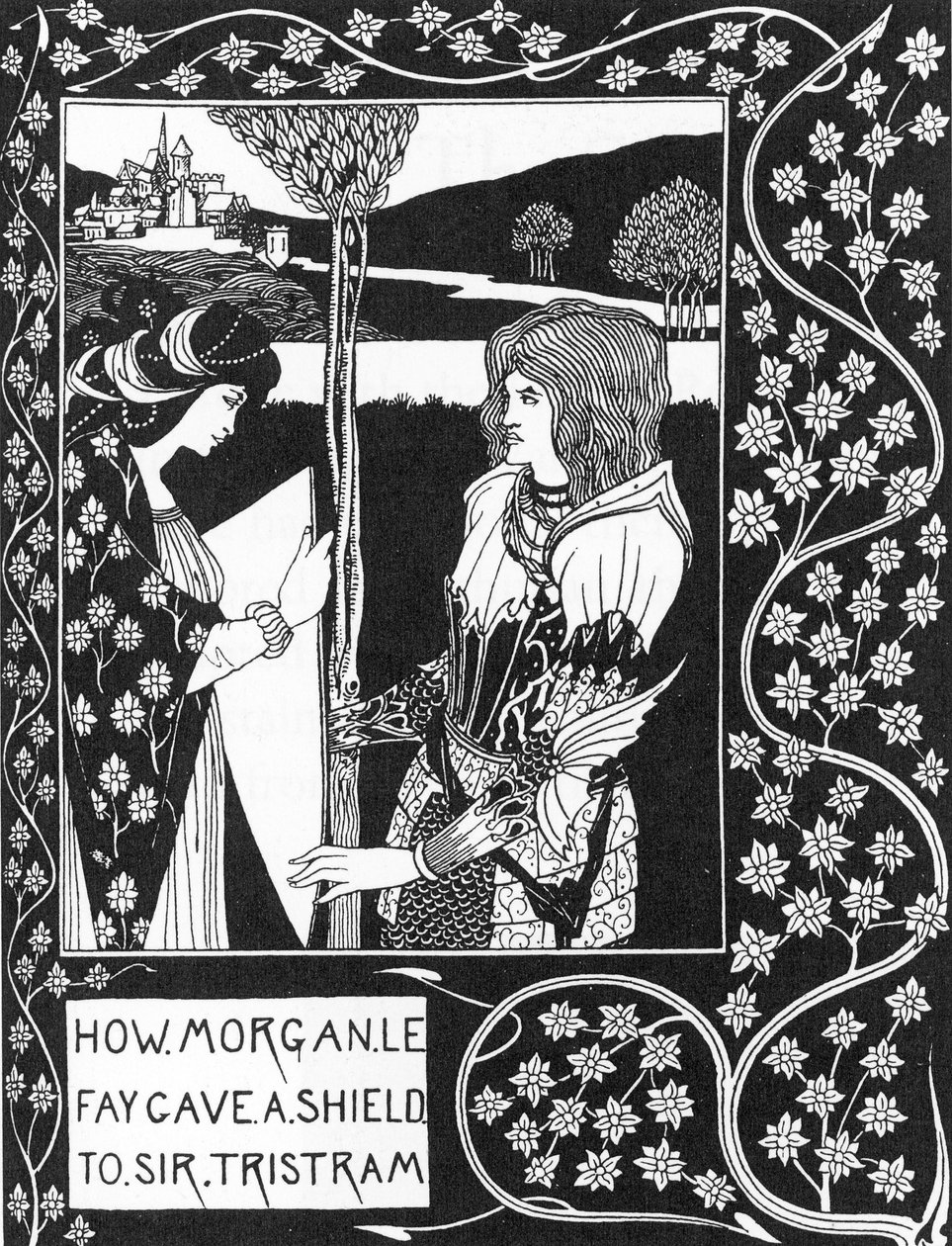 Arthurian Legend: "" Gebyret Morgane gir et skjold til Tristan""" Gravering i "Historien om Tristan og hans eventyr, som inkluderer kjærlighetshistorien hans med Isolde"" "The Morte of Arthur"" av Sir Thomas Malory, utgave illustrert av Aubrey ga Beardsley av Aubrey Beardsley