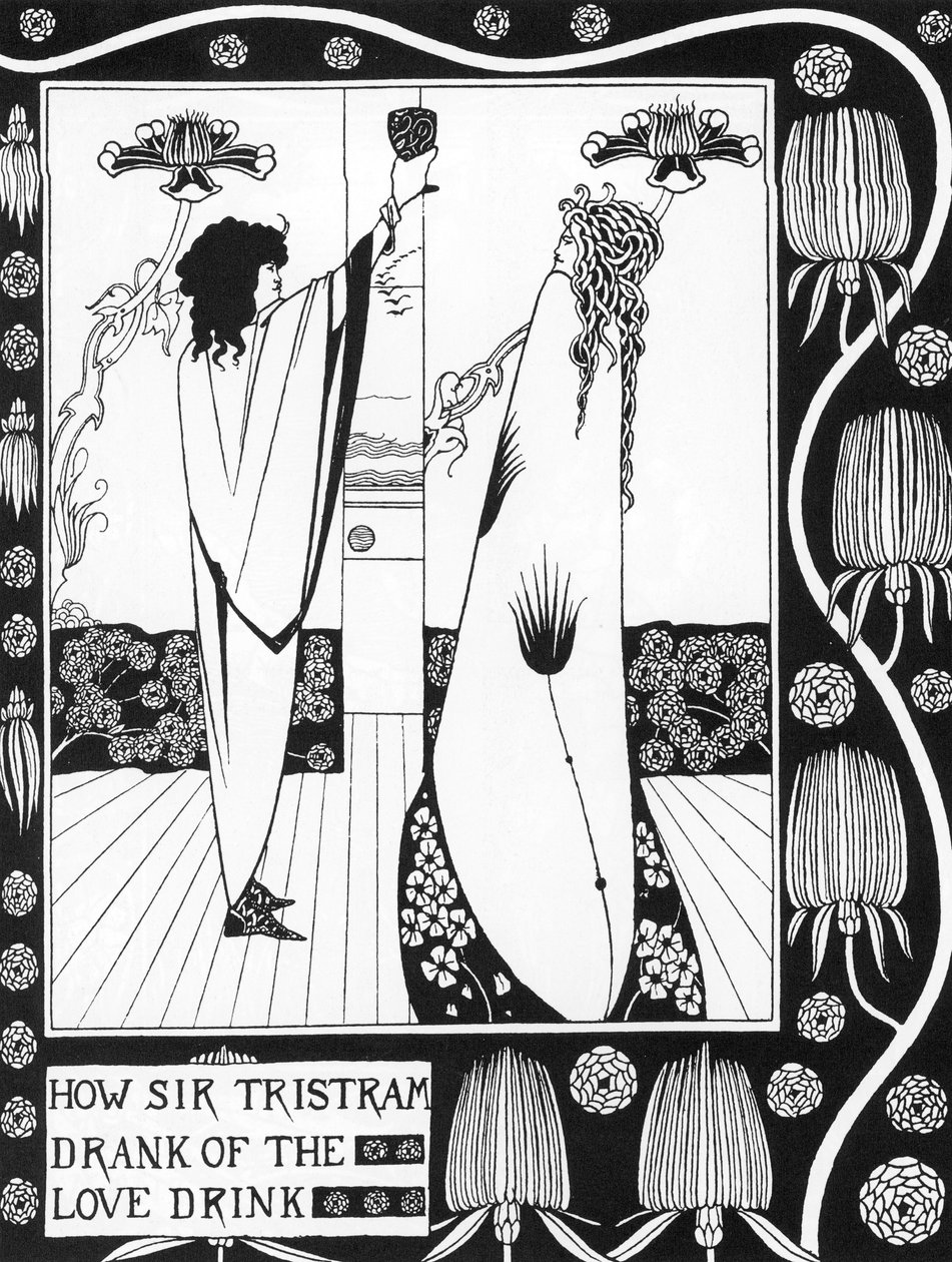 Arthurian Legend: "" Tristan drinking the love philtre""" Gravering i "" Historien om Tristan og hans eventyr, som inkluderer hans kjærlighetshistorie med Isolde"""" fra Sir Thomas Malory, utgave illustrert av Aubrey Beardsley (1872-1898) ) 1893-1894 (Arth av Aubrey Beardsley