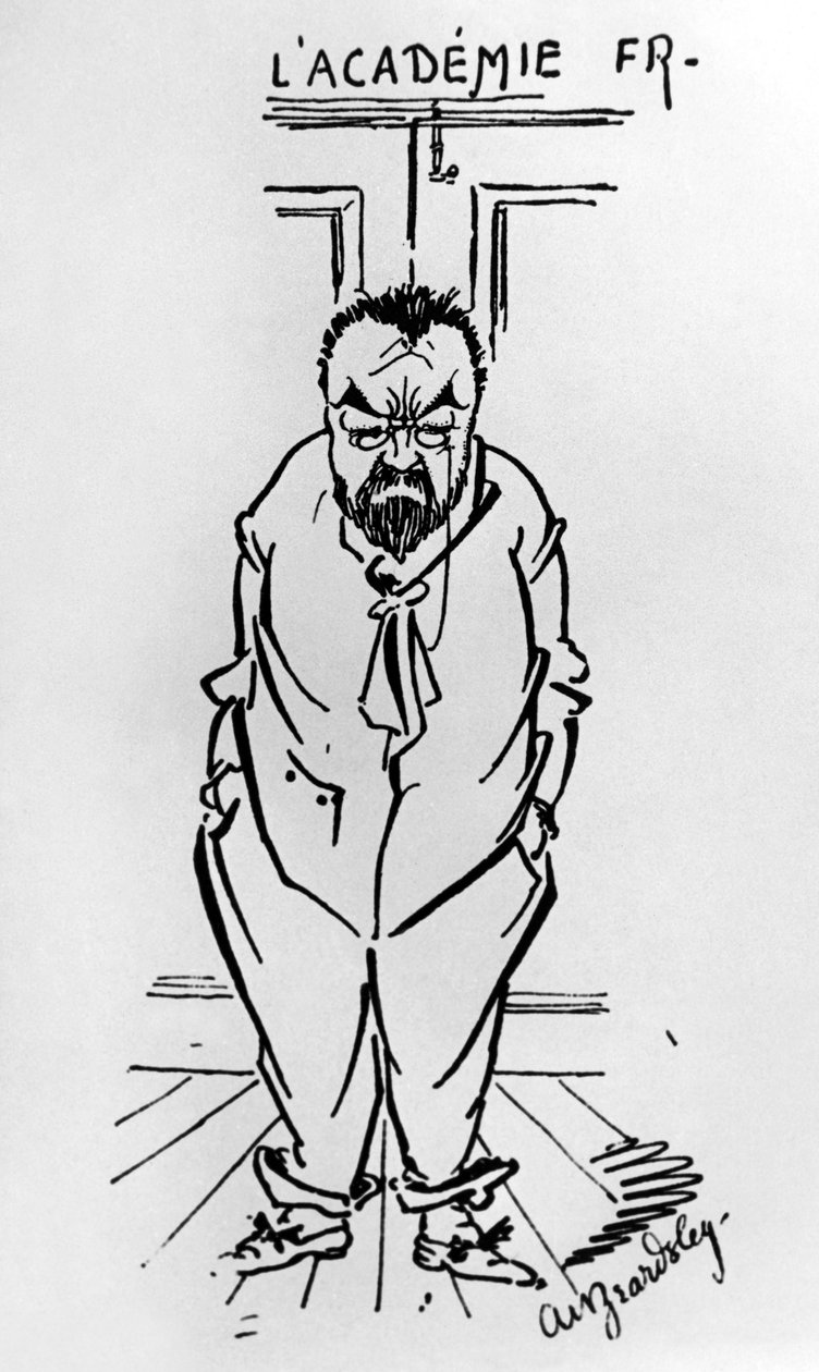 Karikatur av den franske forfatteren Emile Zola (1840-1902) utenfor Academie Francaise (tegning) av Aubrey Beardsley