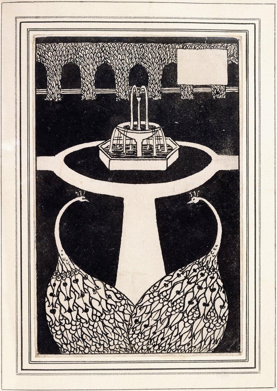 Kapitteloverskrift som viser to påfugler i en hage med en fontene, ca. 1893/4 av Aubrey Beardsley