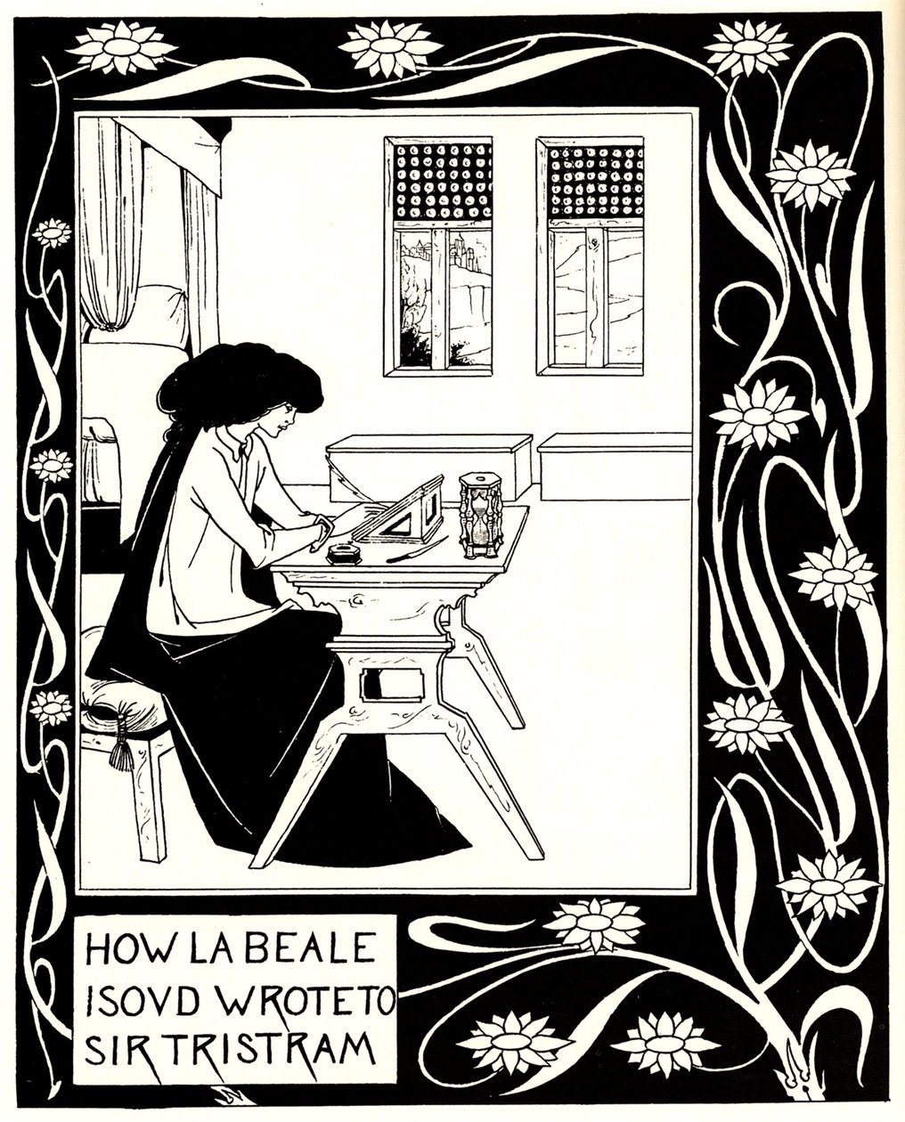 Hvordan La Beale Isoud skrev til Sir Tristram. Illustrasjon til boken Le Morte dArthur av Sir Thomas av Aubrey Beardsley
