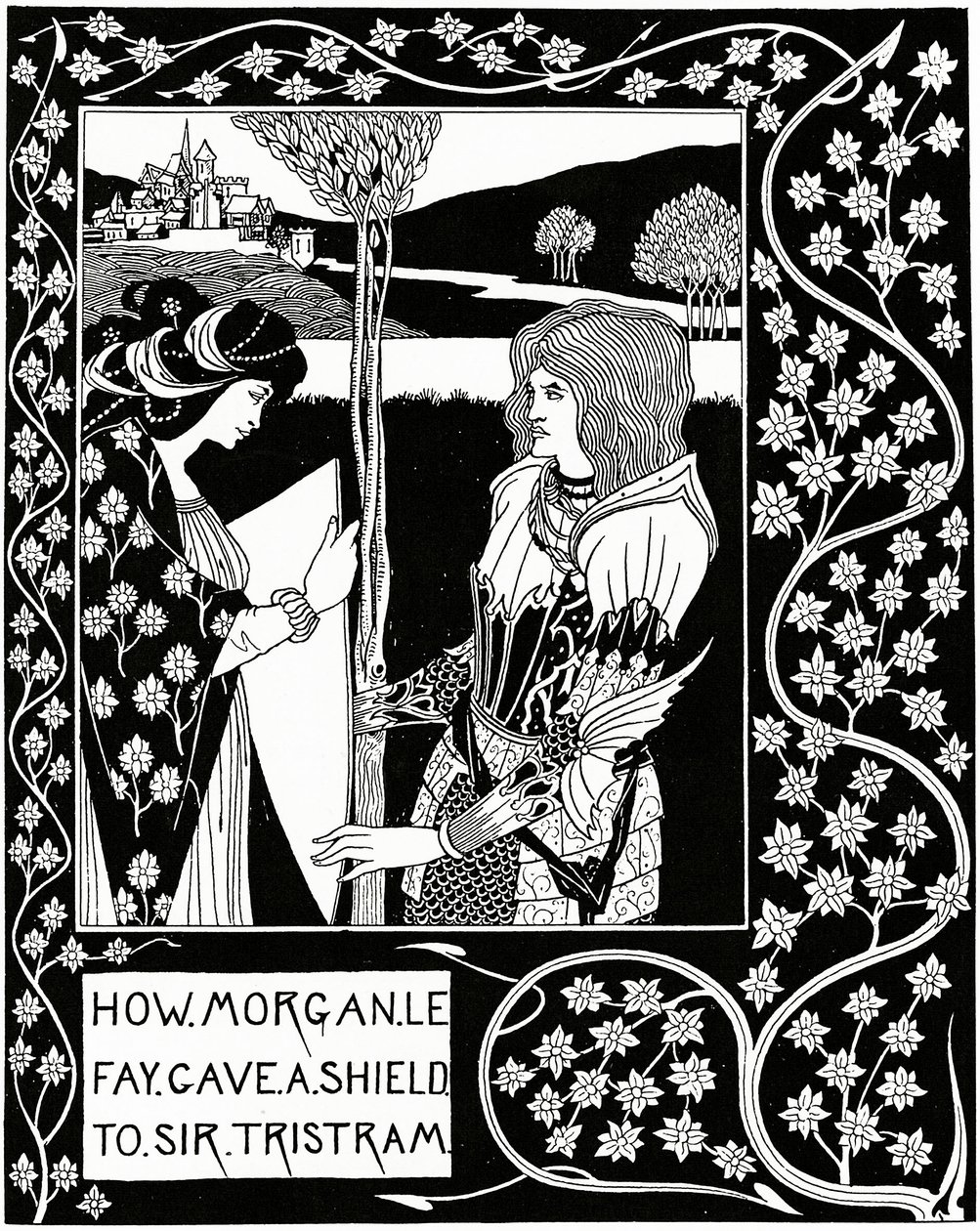 Hvordan Morgan le Fay ga et skjold til Sir Tristram, illustrasjon fra 'Le Morte d'Arthur' av Sir Thomas Malory, 1894 av Aubrey Beardsley