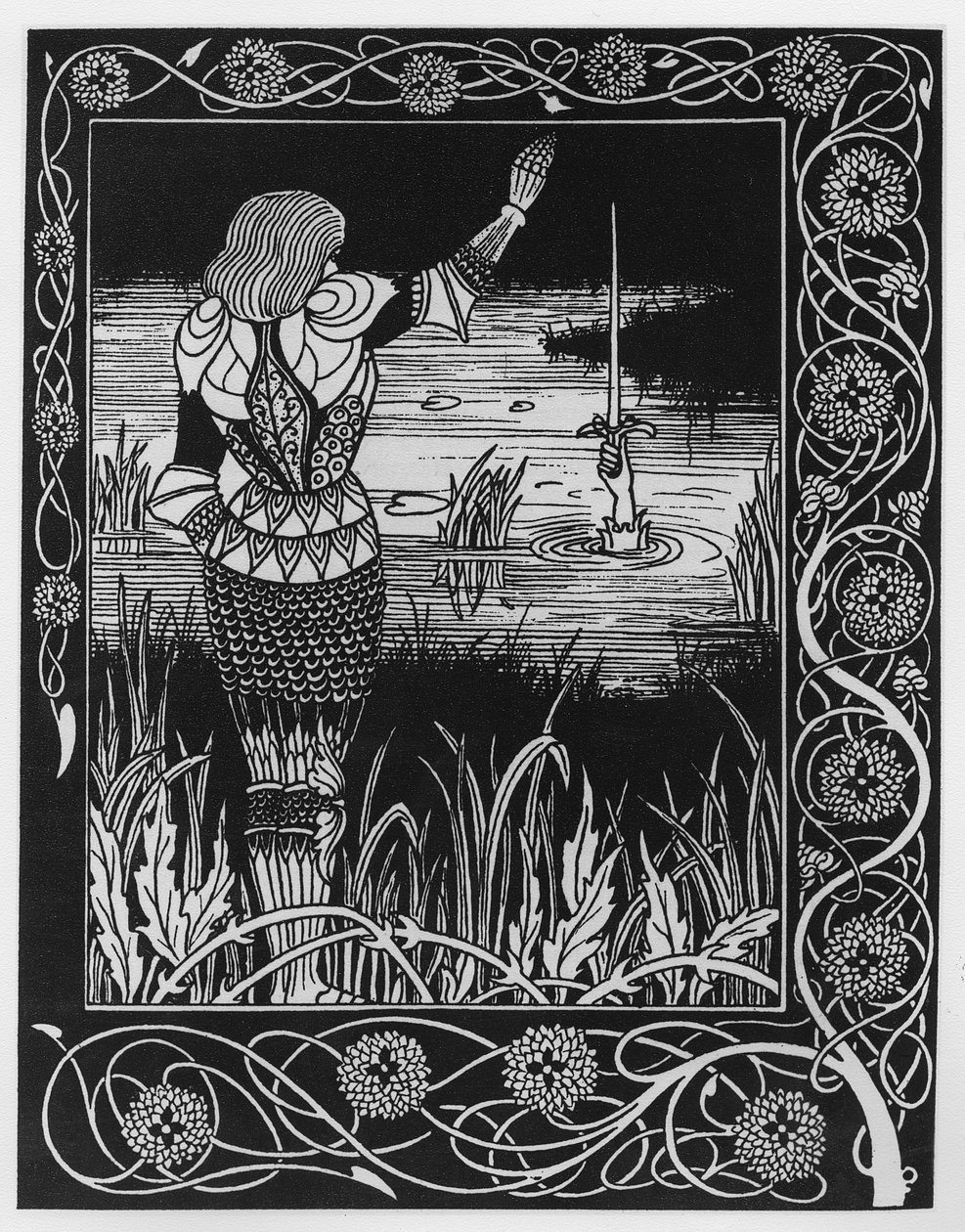 Hvordan Sir Bedivere kastet sverdet Excalibur i vannet, en illustrasjon fra 