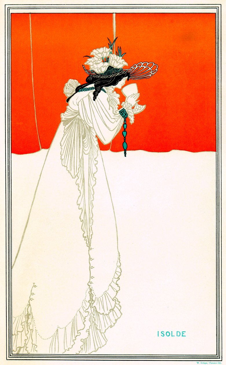 Isolde drikker kjærlighetens filter av Aubrey Beardsley (1872-1898) etter operaen av Richard Wagner Tristan og Isolde (Iseult or Iseut, Yseut, Yseult, Ysolde) - Arthurian Celtic legende - Art Nouveau - kromolitografi (kromolitografi) W. Griggs , The av Aubrey Beardsley