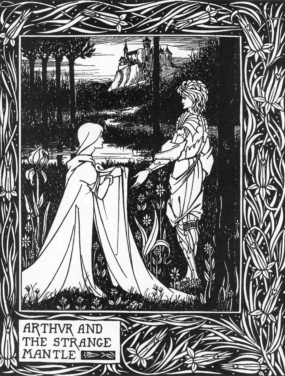 Kong Arthur mottar besøk av en ung jente sendt av gebyret Morgane (Kong Arthur og den merkelige mantelen sendt av Morgan the fay) Illustrasjon av Aubrey Beardsley (1872-1898) fra Thomas Malorys "The Death of Arthur" av Aubrey Beardsley