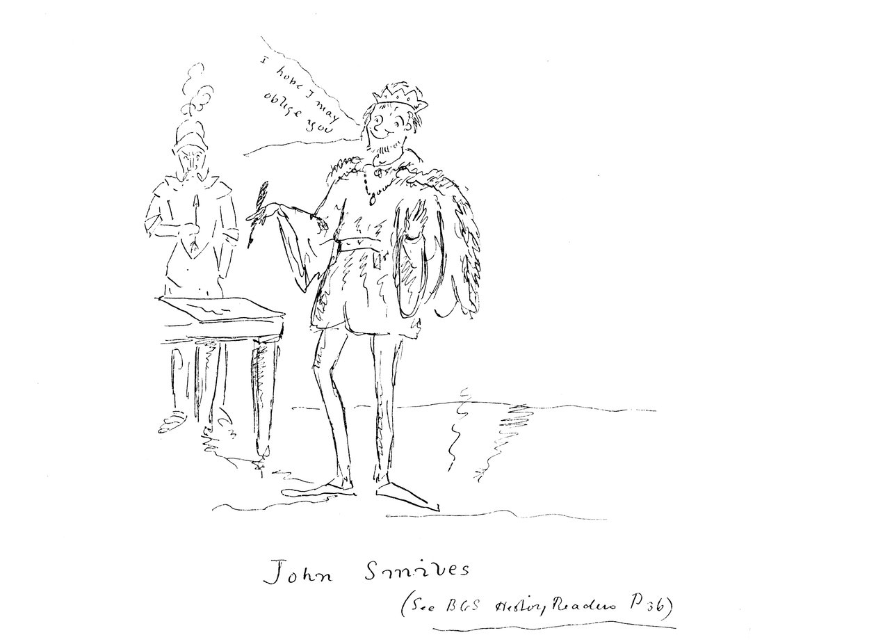 Kong John smiler mens han signerer Magna Charta, ca. 1887 (penn og blekk) av Aubrey Beardsley