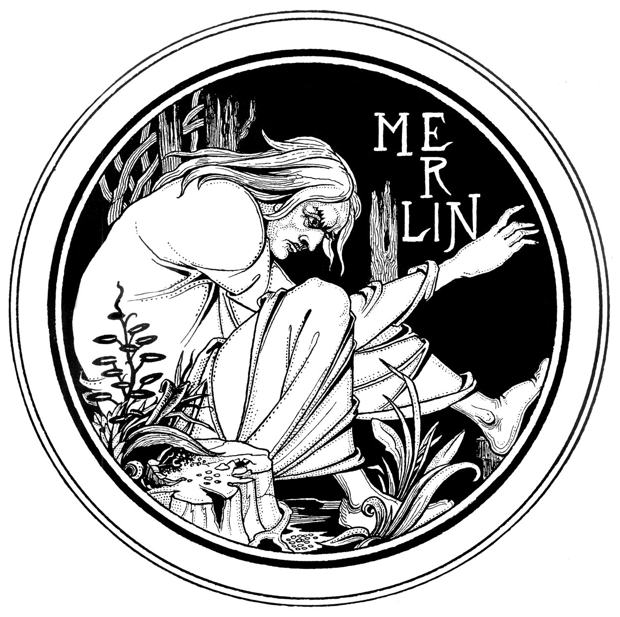 Merlin, en illustrasjon fra 'Le Morte d'Arthur' av Sir Thomas Malory, 1893-94 av Aubrey Beardsley